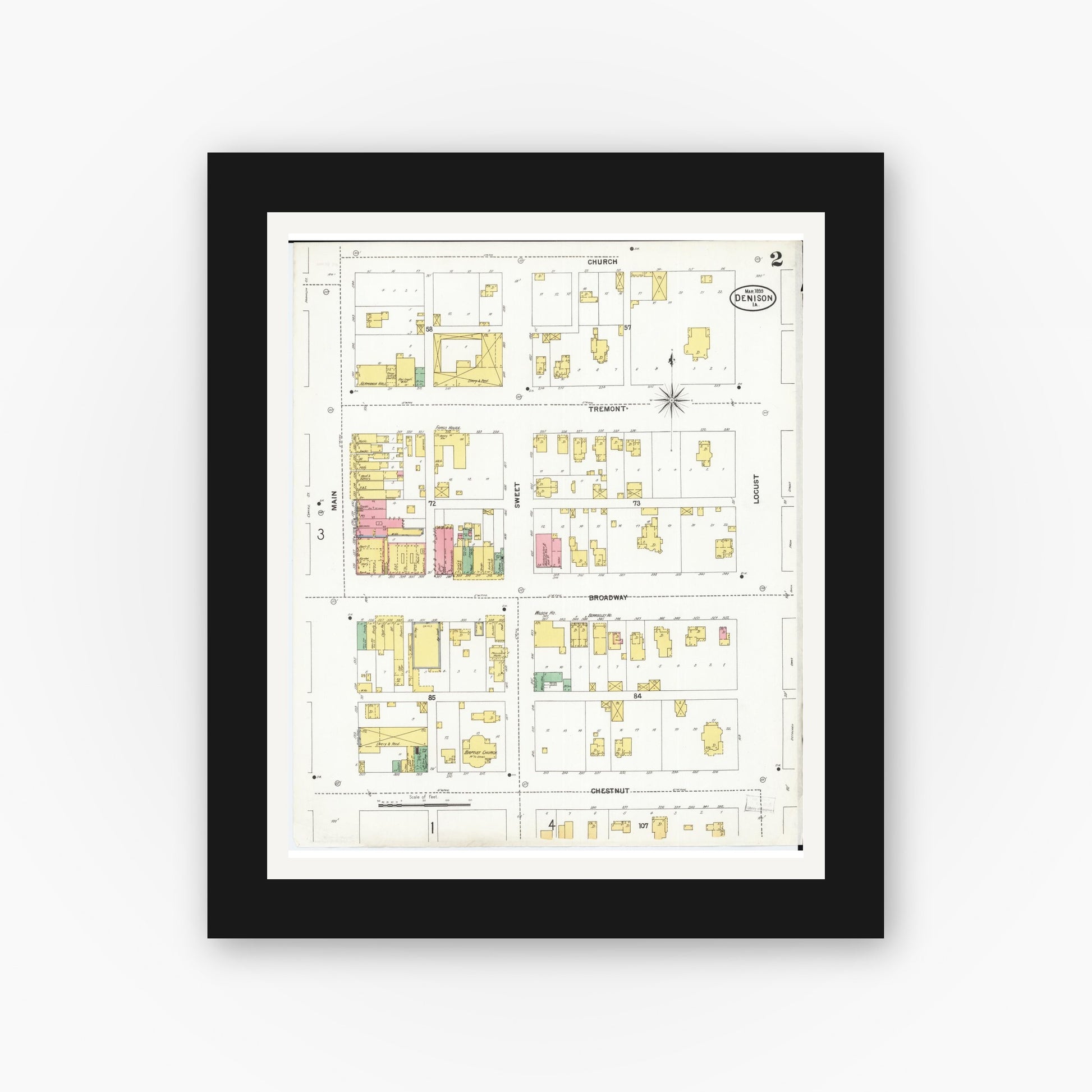 Old map wall art mockup — black gallery frame with white mat — Sanborn Fire Insurance Map from Denison, Crawford County, Iowa (1899), Sheet #0002