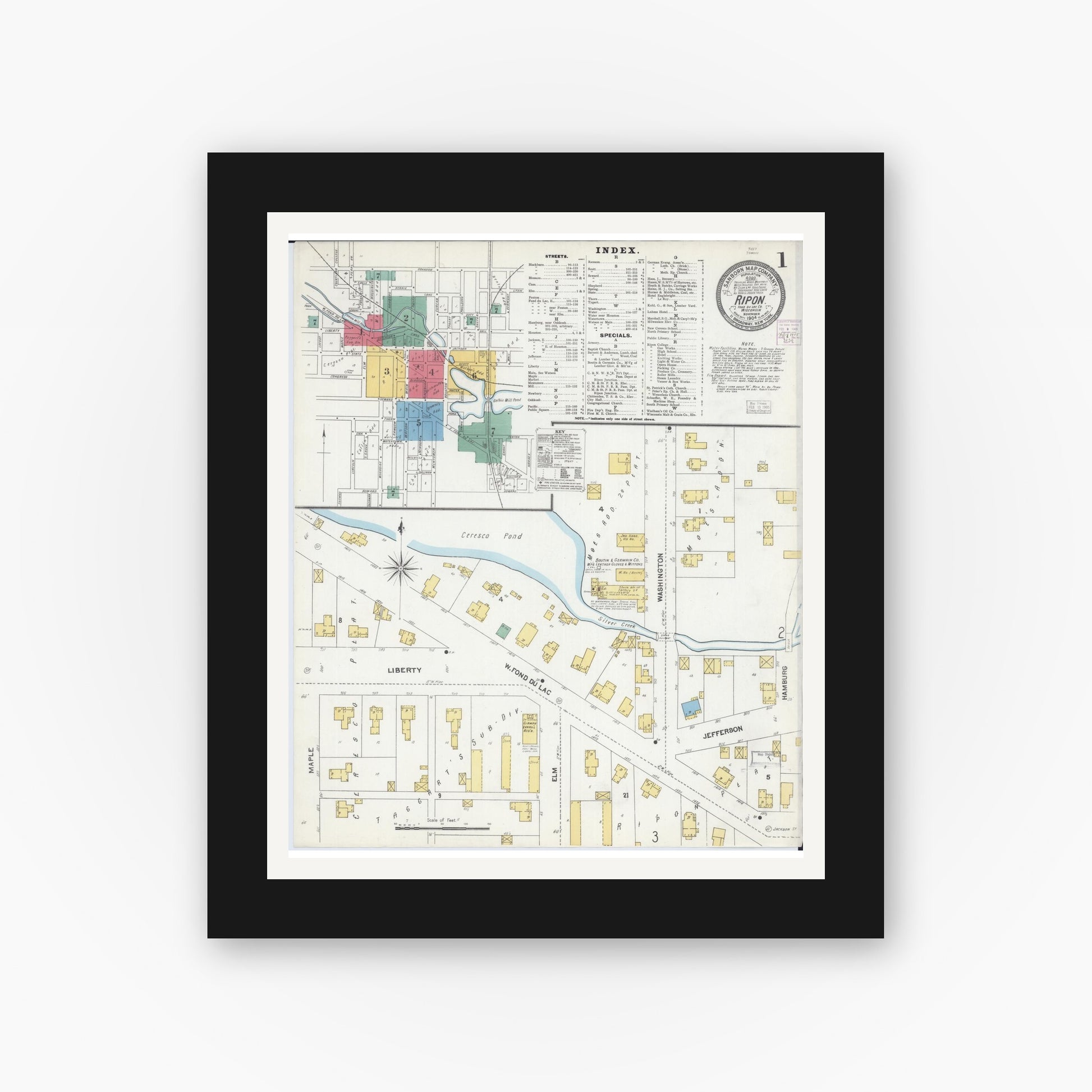 Old map wall art mockup — black gallery frame with white mat — Sanborn Fire Insurance Map from Ripon, Fond du Lac County, Wisconsin (1904) - Complete Map Set