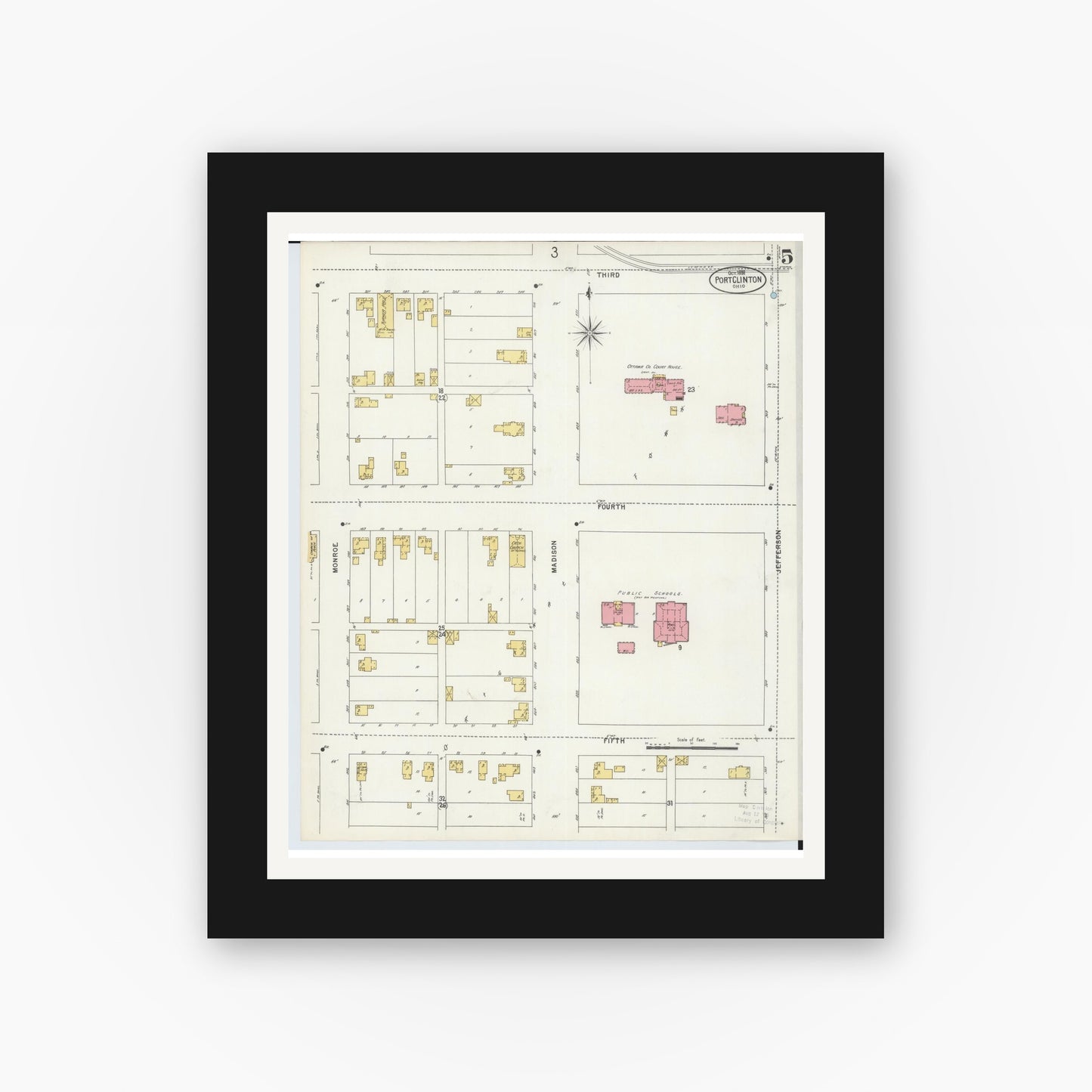Old map wall art mockup — black gallery frame with white mat — Sanborn Fire Insurance Map from Port Clinton, Ottawa County, Ohio (1898), Sheet #0005