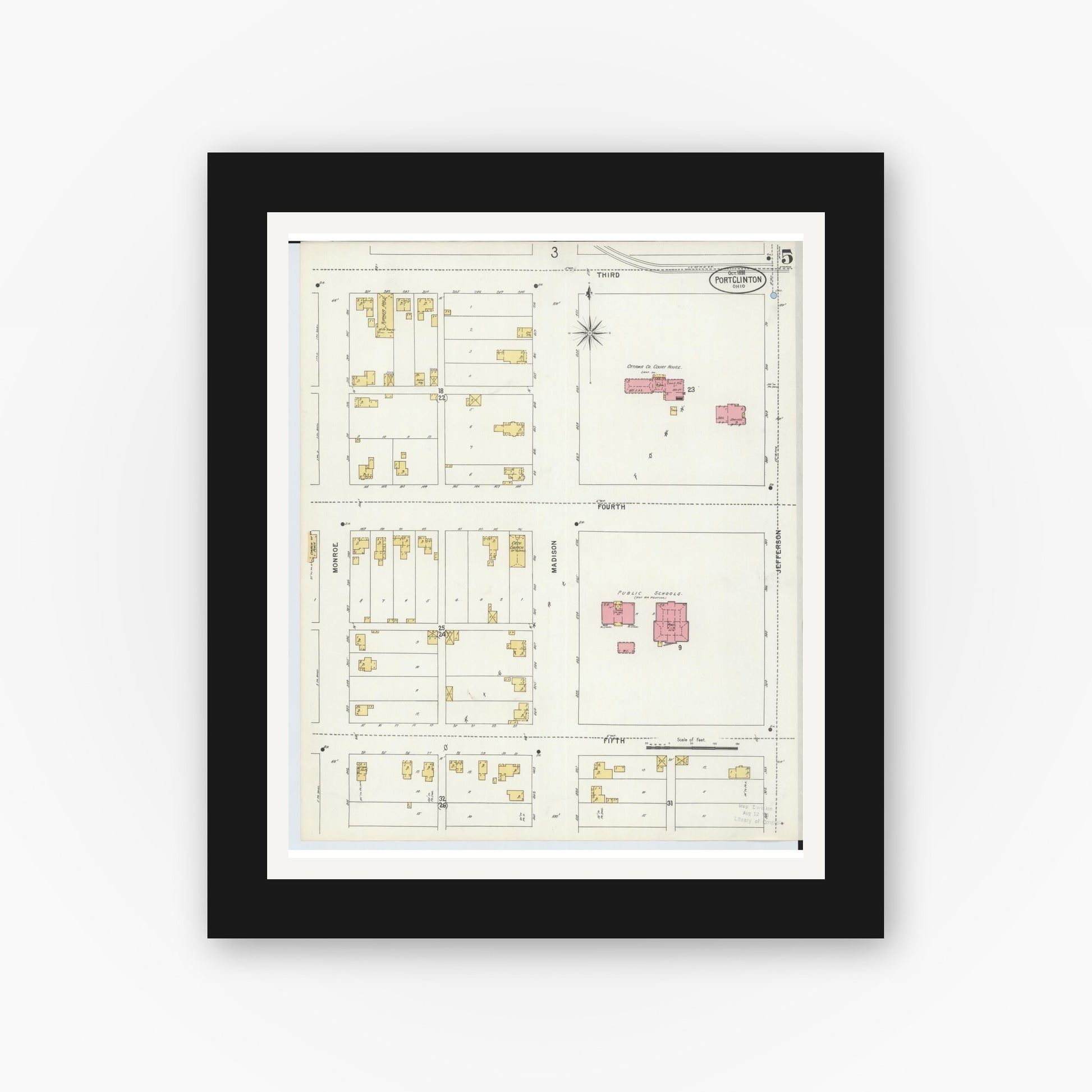 Old map wall art mockup — black gallery frame with white mat — Sanborn Fire Insurance Map from Port Clinton, Ottawa County, Ohio (1898), Sheet #0005