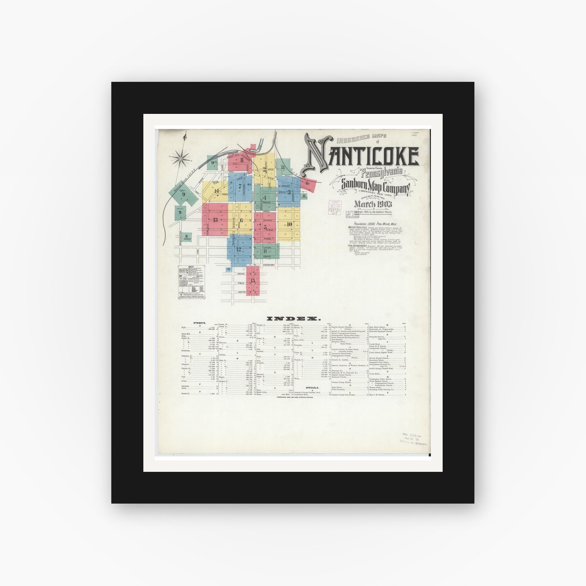 Old map wall art mockup — black gallery frame with white mat — Sanborn Fire Insurance Map from Nanticoke, Luzerne County, Pennsylvania (1903) - Complete Map Set