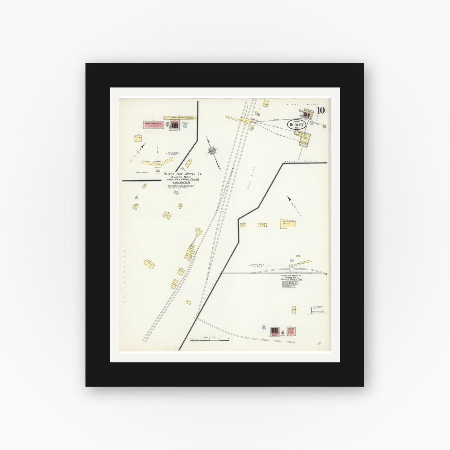 Old map wall art mockup — black gallery frame with white mat — Sanborn Fire Insurance Map from Hurley, Iron County, Wisconsin (1913), Sheet #0010