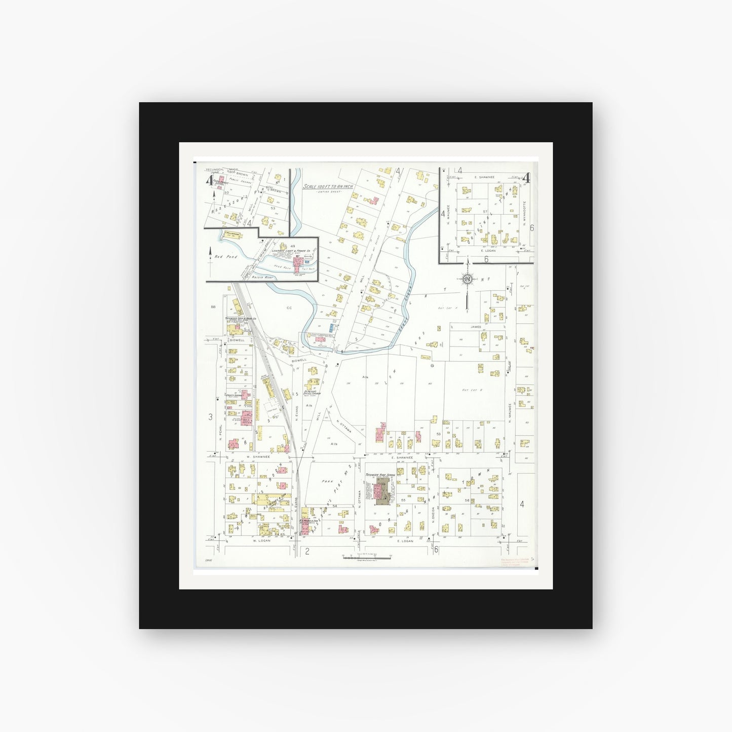Old map wall art mockup — black gallery frame with white mat — Sanborn Fire Insurance Map from Tecumseh, Lenawee County, Michigan (1935), Sheet #0004