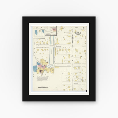 Old map wall art mockup — black gallery frame with white mat — Sanborn Fire Insurance Map from Three Rivers, Saint Joseph County, Michigan (1916), Sheet #0008