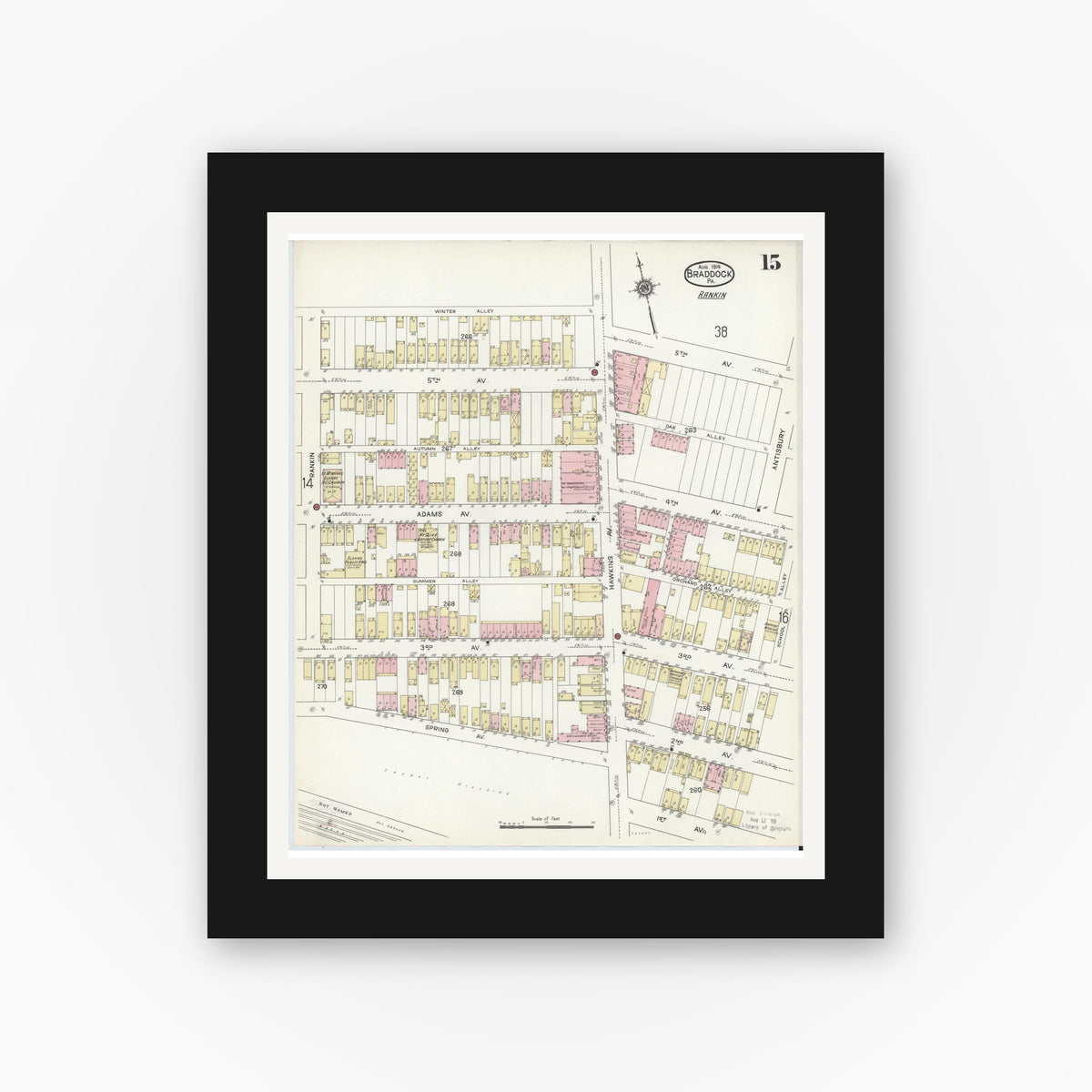Old map wall art mockup — black gallery frame with white mat — Sanborn Fire Insurance Map from Braddock, Allegheny County, Pennsylvania (1914), Sheet #0015