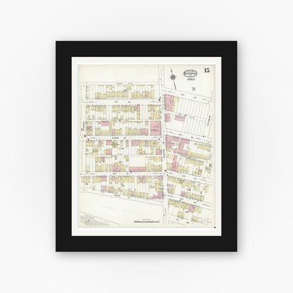 Old map wall art mockup — black gallery frame with white mat — Sanborn Fire Insurance Map from Braddock, Allegheny County, Pennsylvania (1914), Sheet #0015