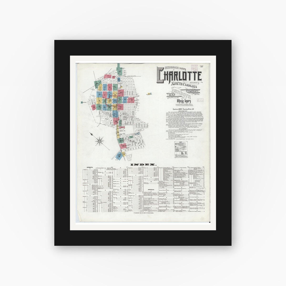 Old map wall art mockup — black gallery frame with white mat — Sanborn Fire Insurance Map from Charlotte, Mecklenburg County, North Carolina (1905), Sheet #0001