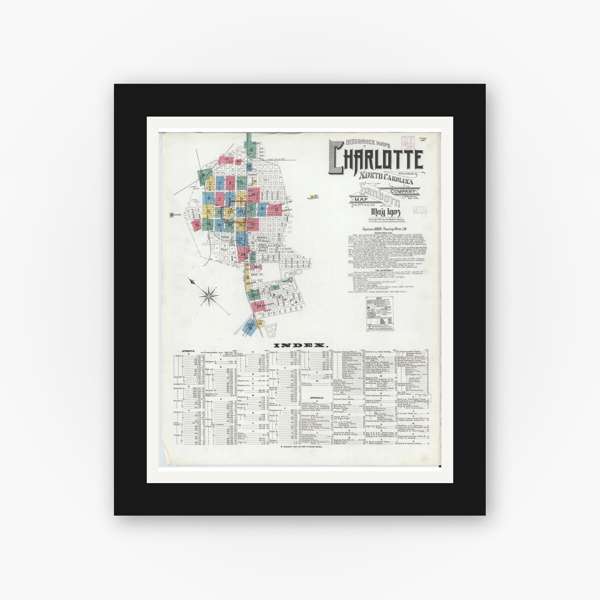 Old map wall art mockup — black gallery frame with white mat — Sanborn Fire Insurance Map from Charlotte, Mecklenburg County, North Carolina (1905), Sheet #0001