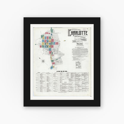 Old map wall art mockup — black gallery frame with white mat — Sanborn Fire Insurance Map from Charlotte, Mecklenburg County, North Carolina (1905), Sheet #0001