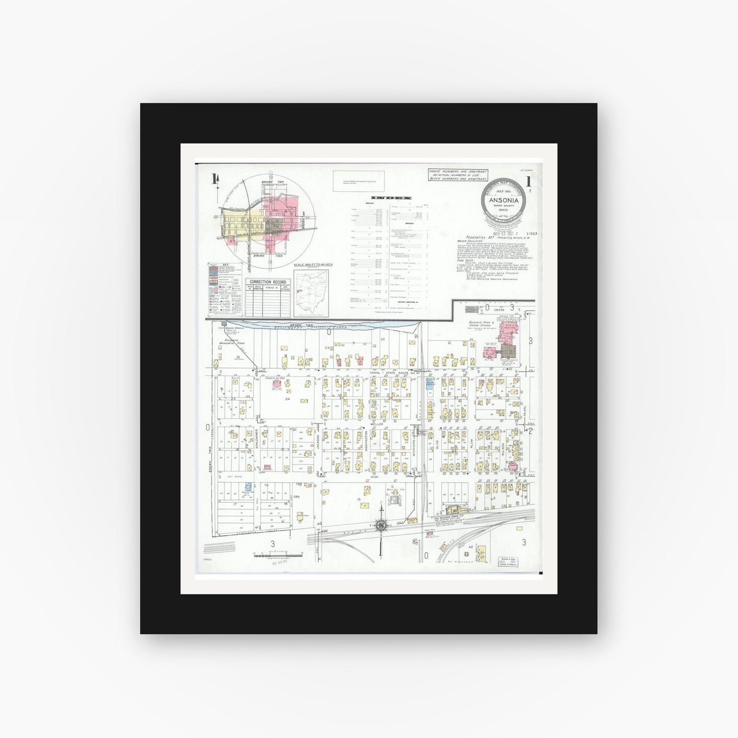 Old map wall art mockup — black gallery frame with white mat — Sanborn Fire Insurance Map from Ansonia, Darke County, Ohio (1951), Sheet #0001