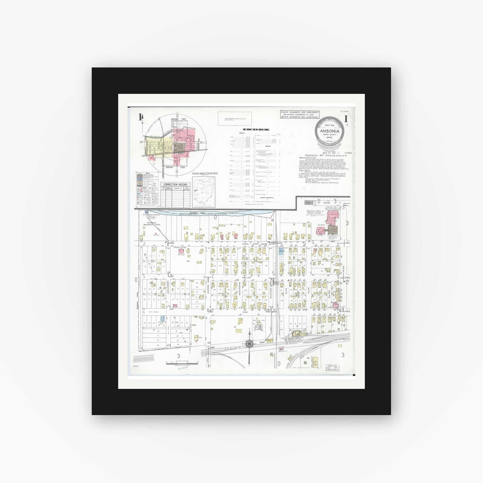 Old map wall art mockup — black gallery frame with white mat — Sanborn Fire Insurance Map from Ansonia, Darke County, Ohio (1951), Sheet #0001