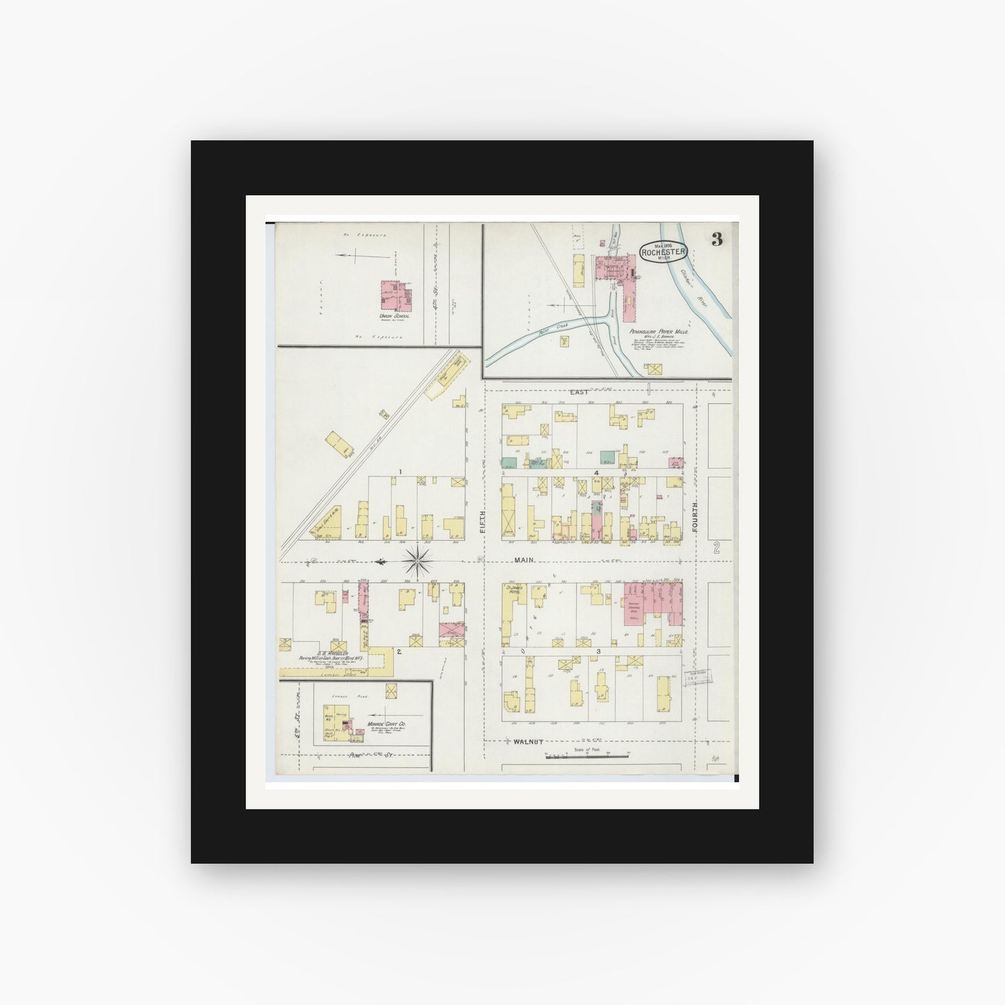 Old map wall art mockup — black gallery frame with white mat — Sanborn Fire Insurance Map from Rochester, Oakland County, Michigan (1895), Sheet #0003