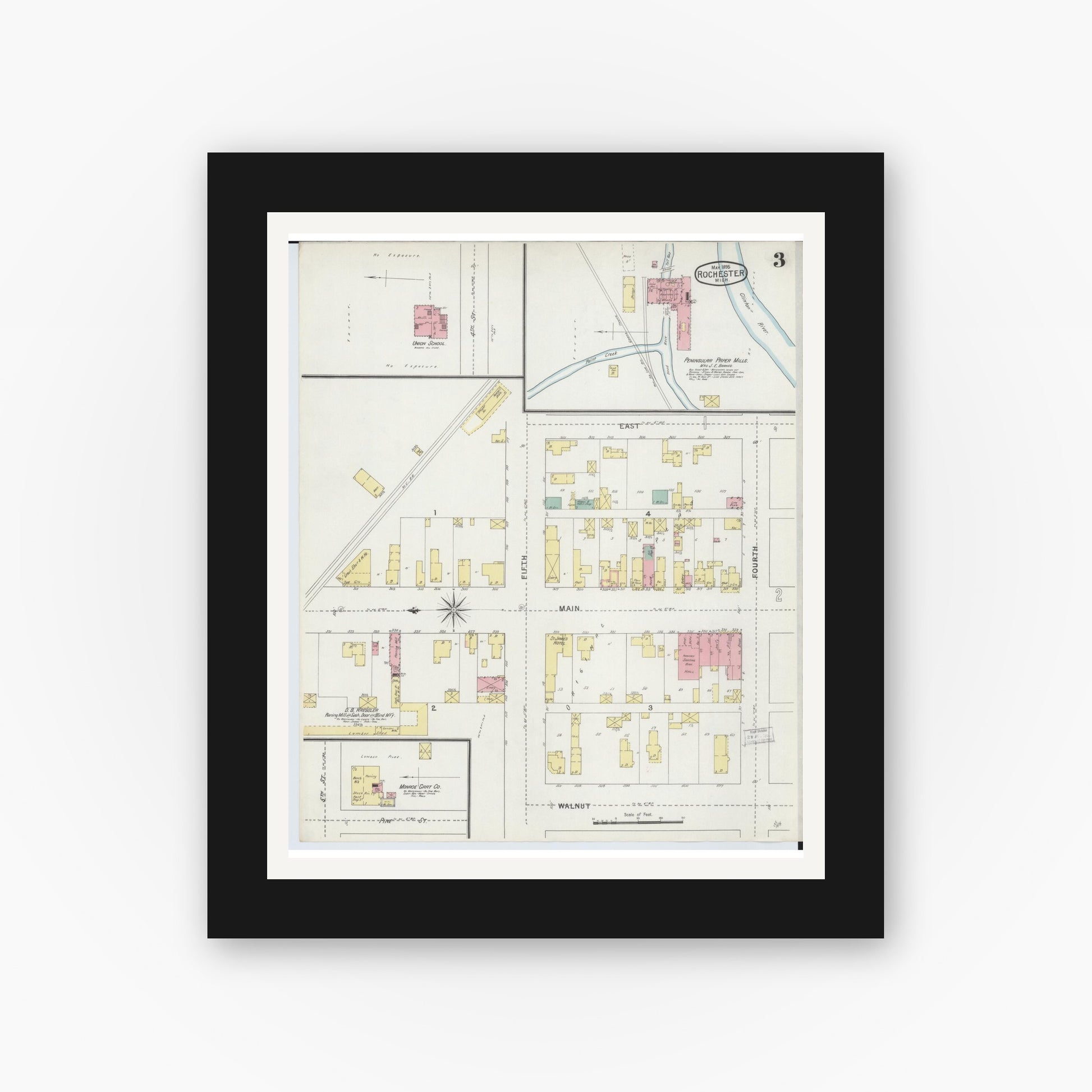 Old map wall art mockup — black gallery frame with white mat — Sanborn Fire Insurance Map from Rochester, Oakland County, Michigan (1895), Sheet #0003