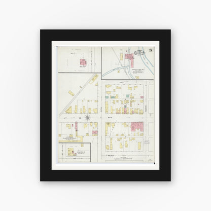 Old map wall art mockup — black gallery frame with white mat — Sanborn Fire Insurance Map from Rochester, Oakland County, Michigan (1895), Sheet #0003