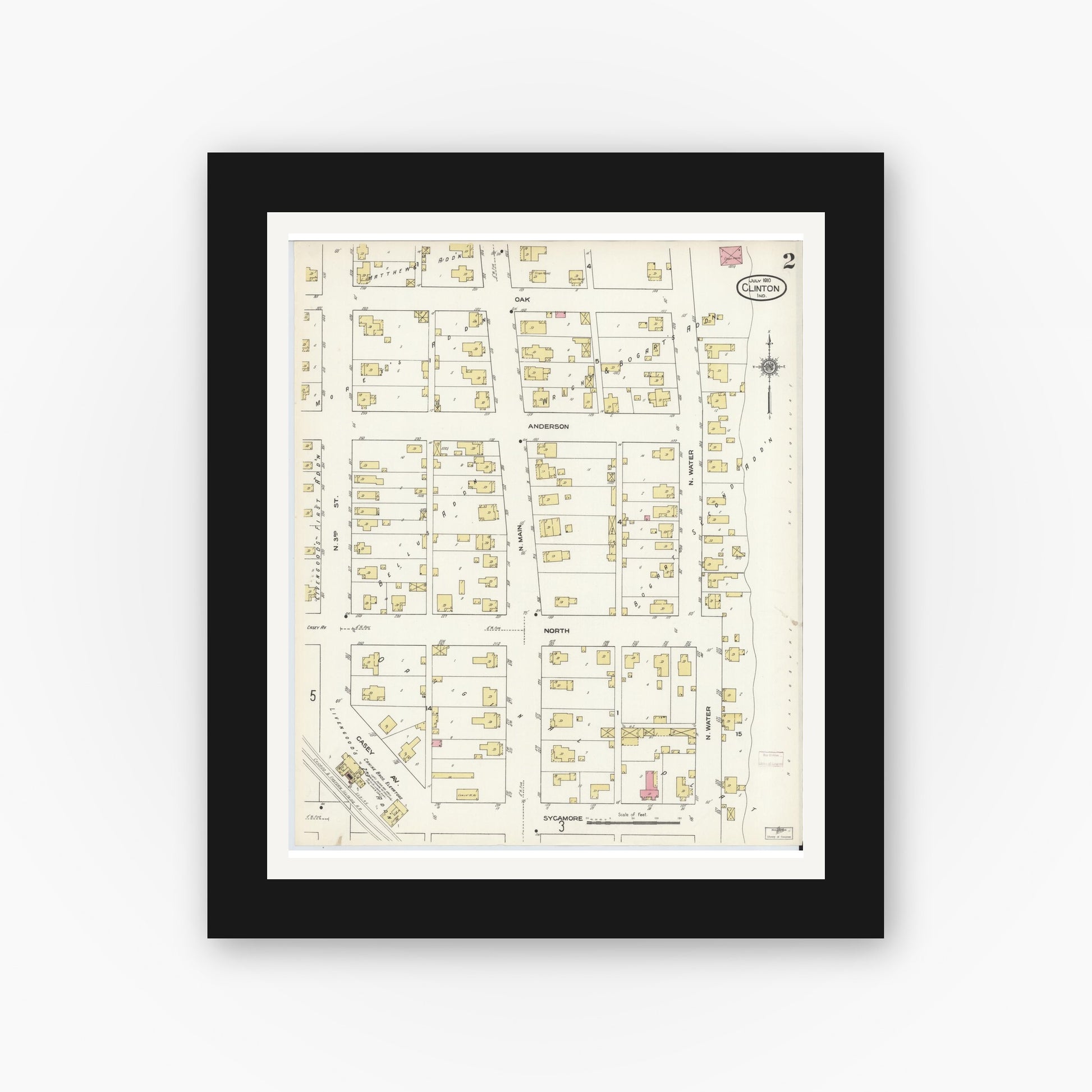 Old map wall art mockup — black gallery frame with white mat — Sanborn Fire Insurance Map from Clinton, Vermillion County, Indiana (1910), Sheet #0002