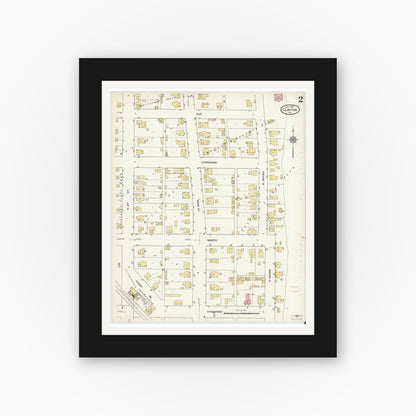 Old map wall art mockup — black gallery frame with white mat — Sanborn Fire Insurance Map from Clinton, Vermillion County, Indiana (1910), Sheet #0002