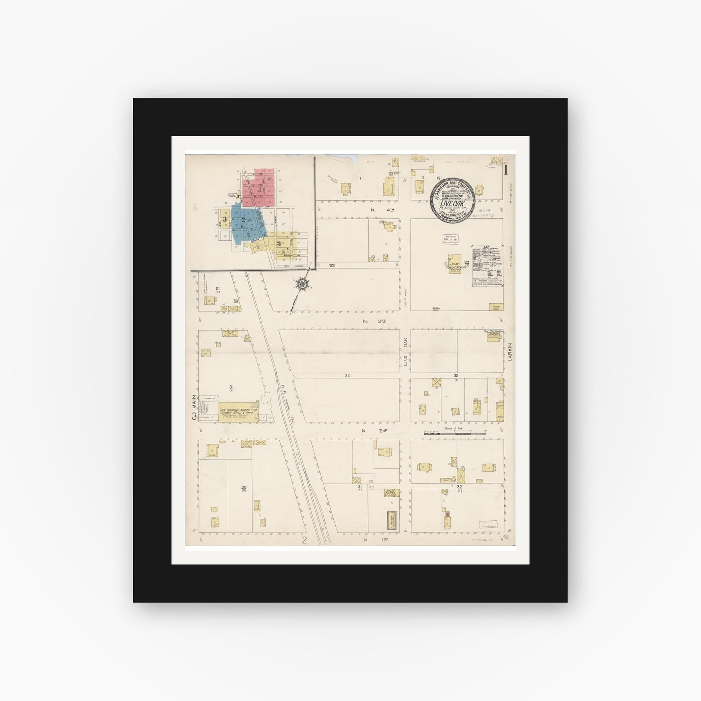 Old map wall art mockup — black gallery frame with white mat — Sanborn Fire Insurance Map from Live Oak, Sutter County, California (1914) - Complete Map Set