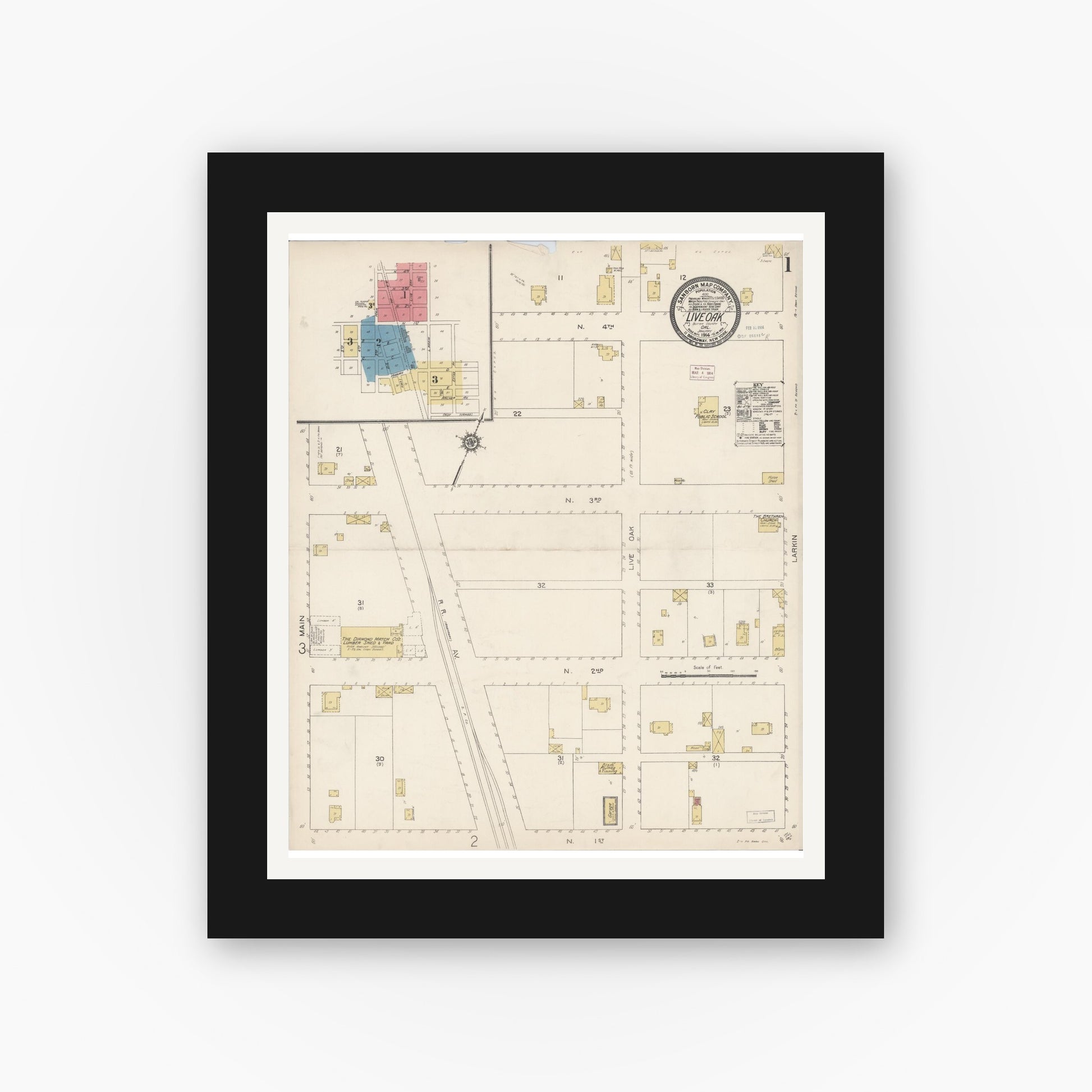 Old map wall art mockup — black gallery frame with white mat — Sanborn Fire Insurance Map from Live Oak, Sutter County, California (1914) - Complete Map Set