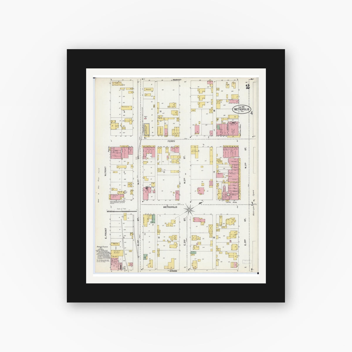 Old map wall art mockup — black gallery frame with white mat — Sanborn Fire Insurance Map from Metropolis, Massac County, Illinois (1902), Sheet #0002