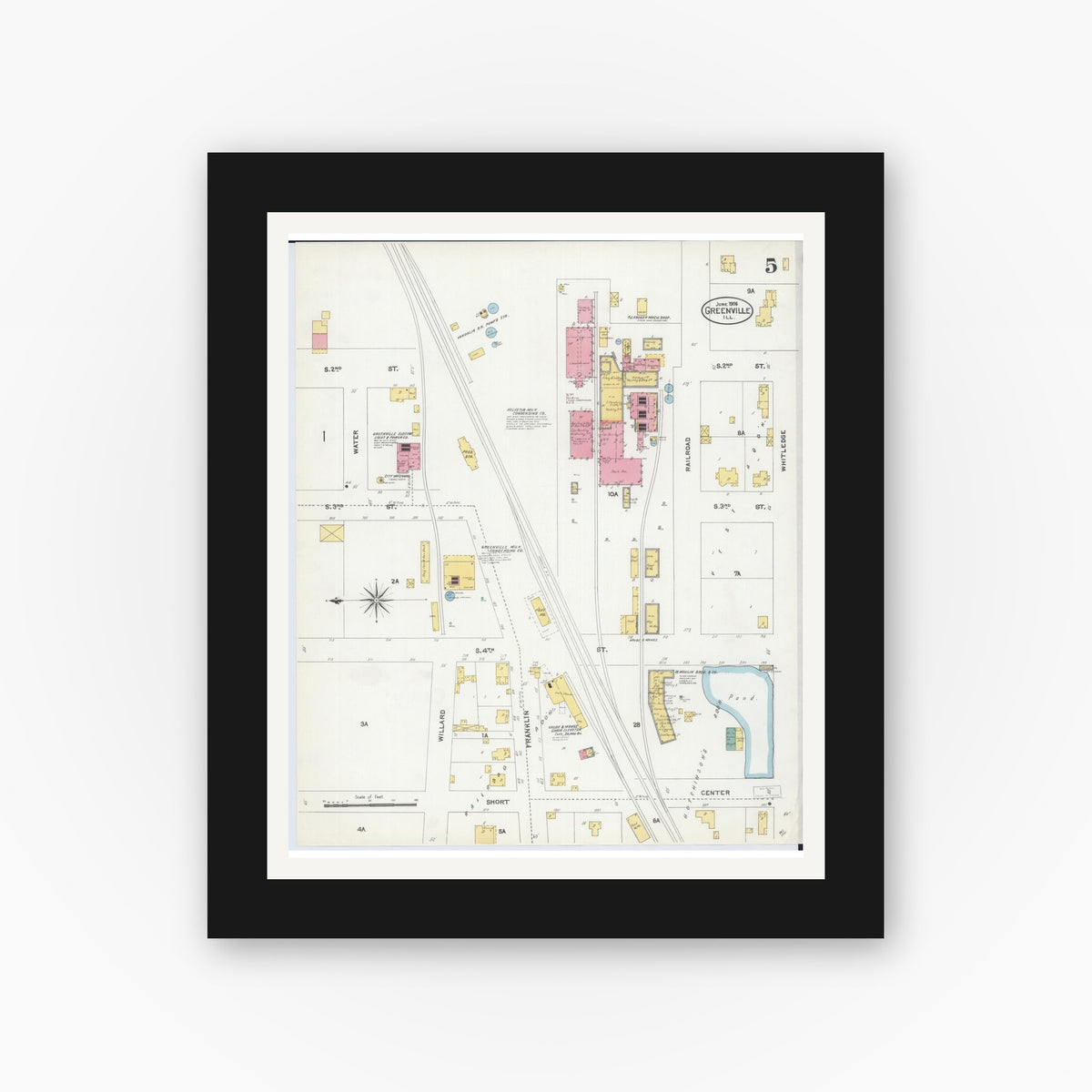 Old map wall art mockup — black gallery frame with white mat — Sanborn Fire Insurance Map from Greenville, Bond County, Illinois (1906), Sheet #0005