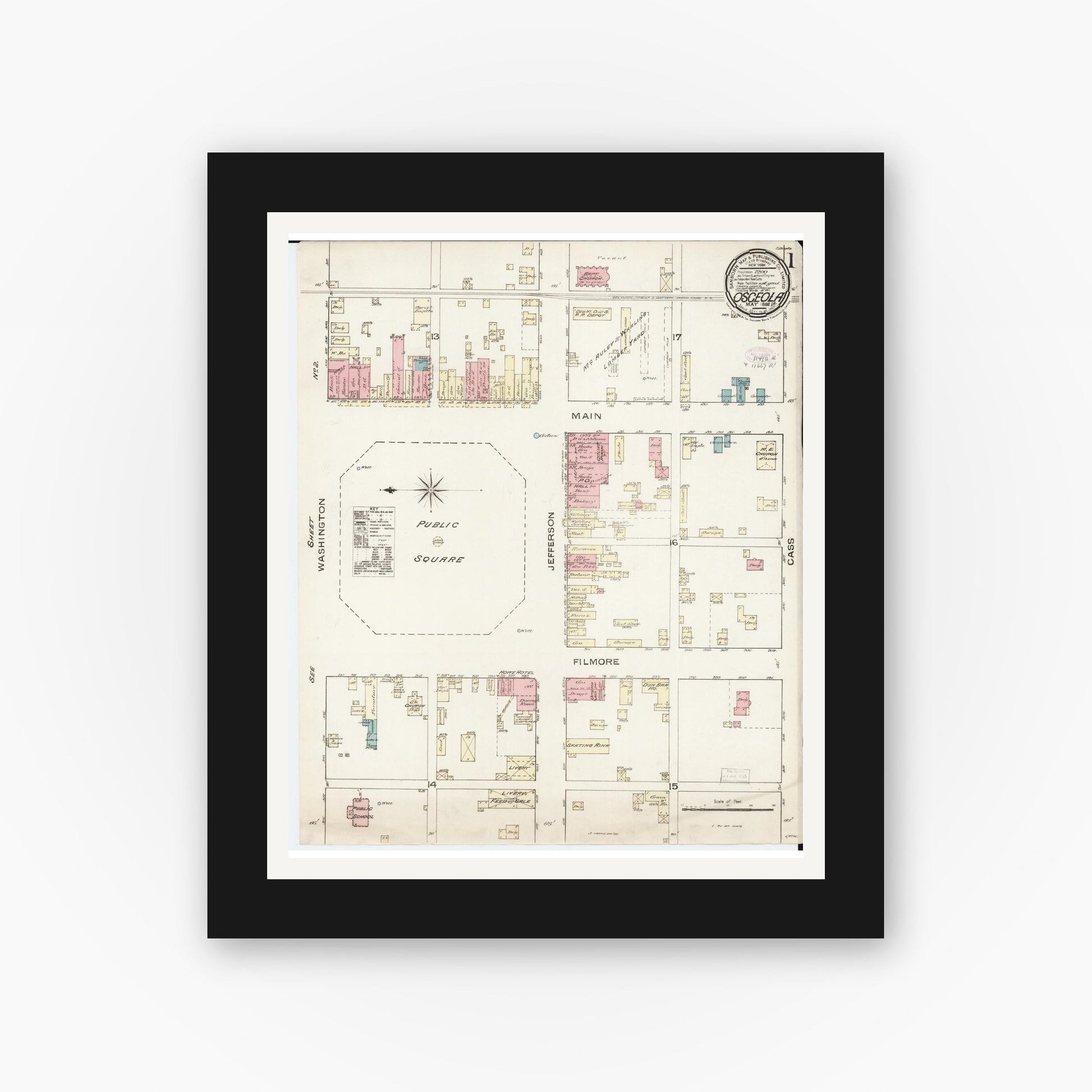 Old map wall art mockup — black gallery frame with white mat — Sanborn Fire Insurance Map from Osceola, Clarke County, Iowa (1886) â€” Complete Set