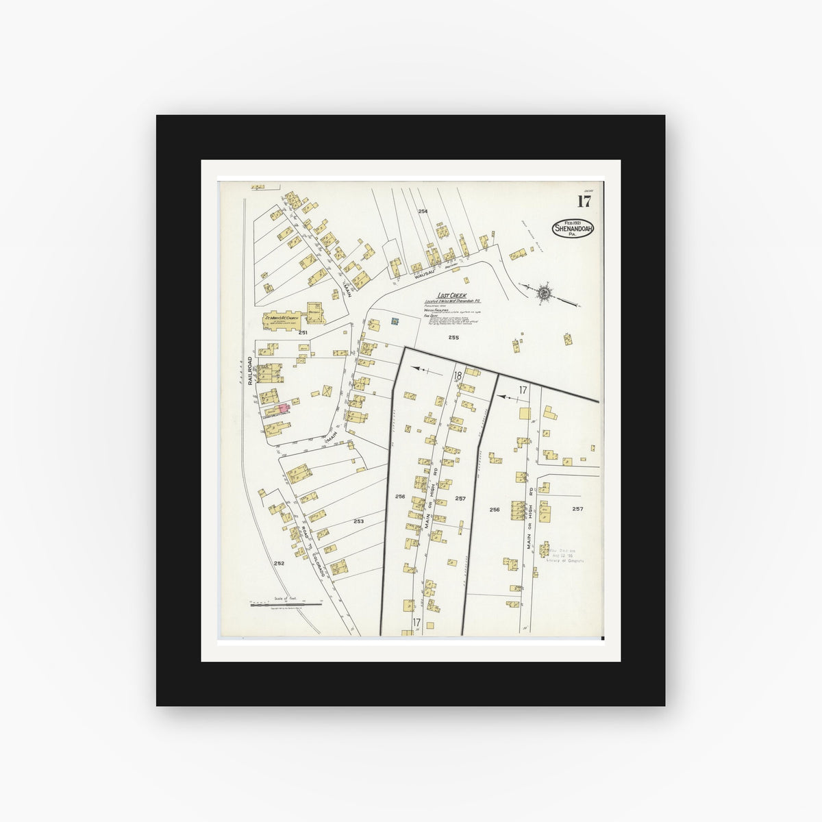 Old map wall art mockup — black gallery frame with white mat — Sanborn Fire Insurance Map from Shenandoah, Schuylkill County, Pennsylvania (1921), Sheet #0017
