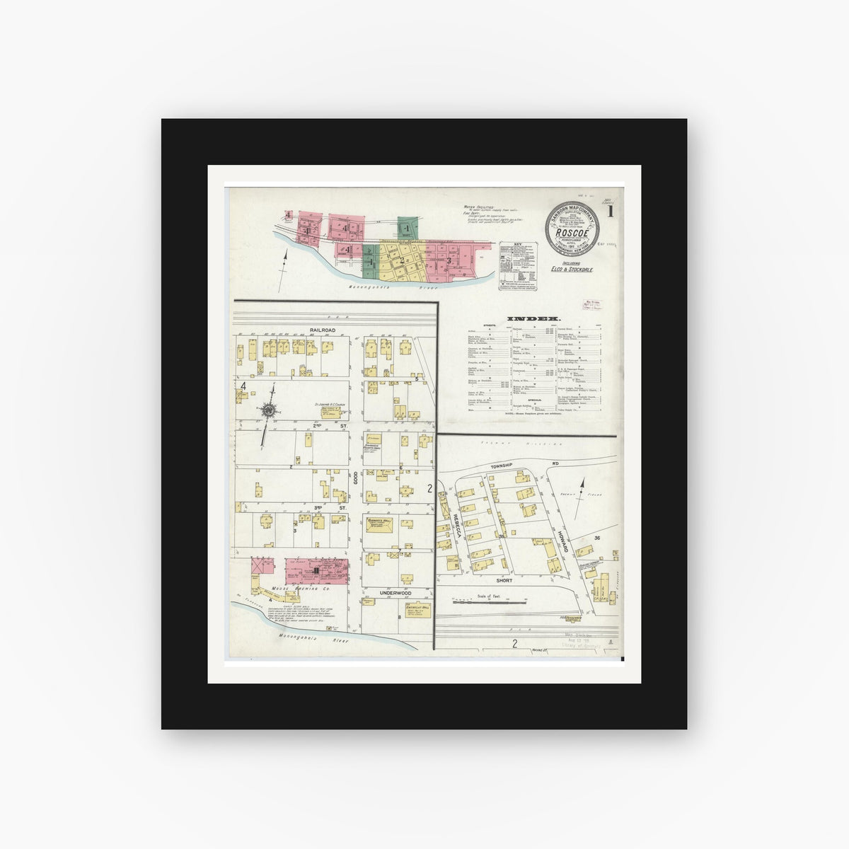 Old map wall art mockup — black gallery frame with white mat — Sanborn Fire Insurance Map from Roscoe, Washington County, Pennsylvania (1911) - Complete Map Set