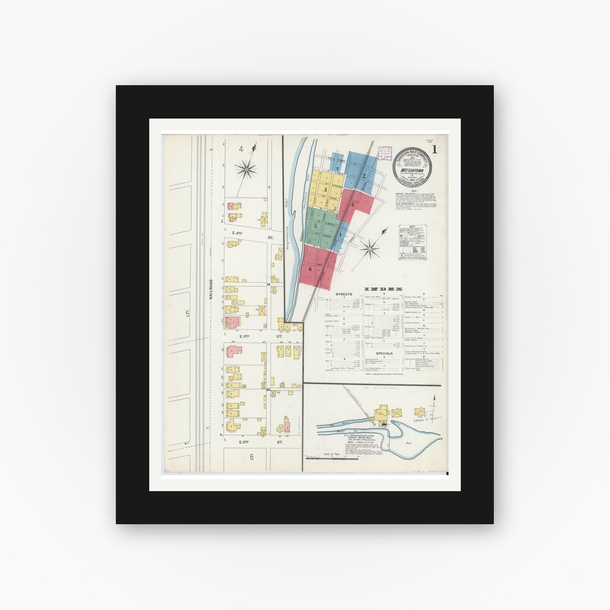 Old map wall art mockup — black gallery frame with white mat — Sanborn Fire Insurance Map from Watsontown, Northumberland County, Pennsylvania (1906) - Complete Map Set