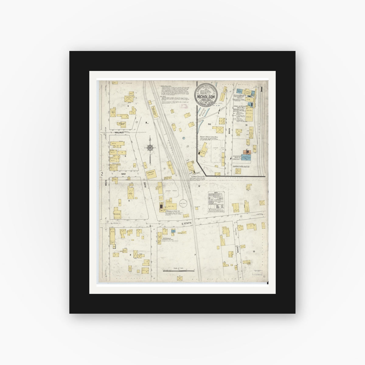 Old map wall art mockup — black gallery frame with white mat — Sanborn Fire Insurance Map from Nicholson, Wyoming County, Pennsylvania (1911) - Complete Map Set