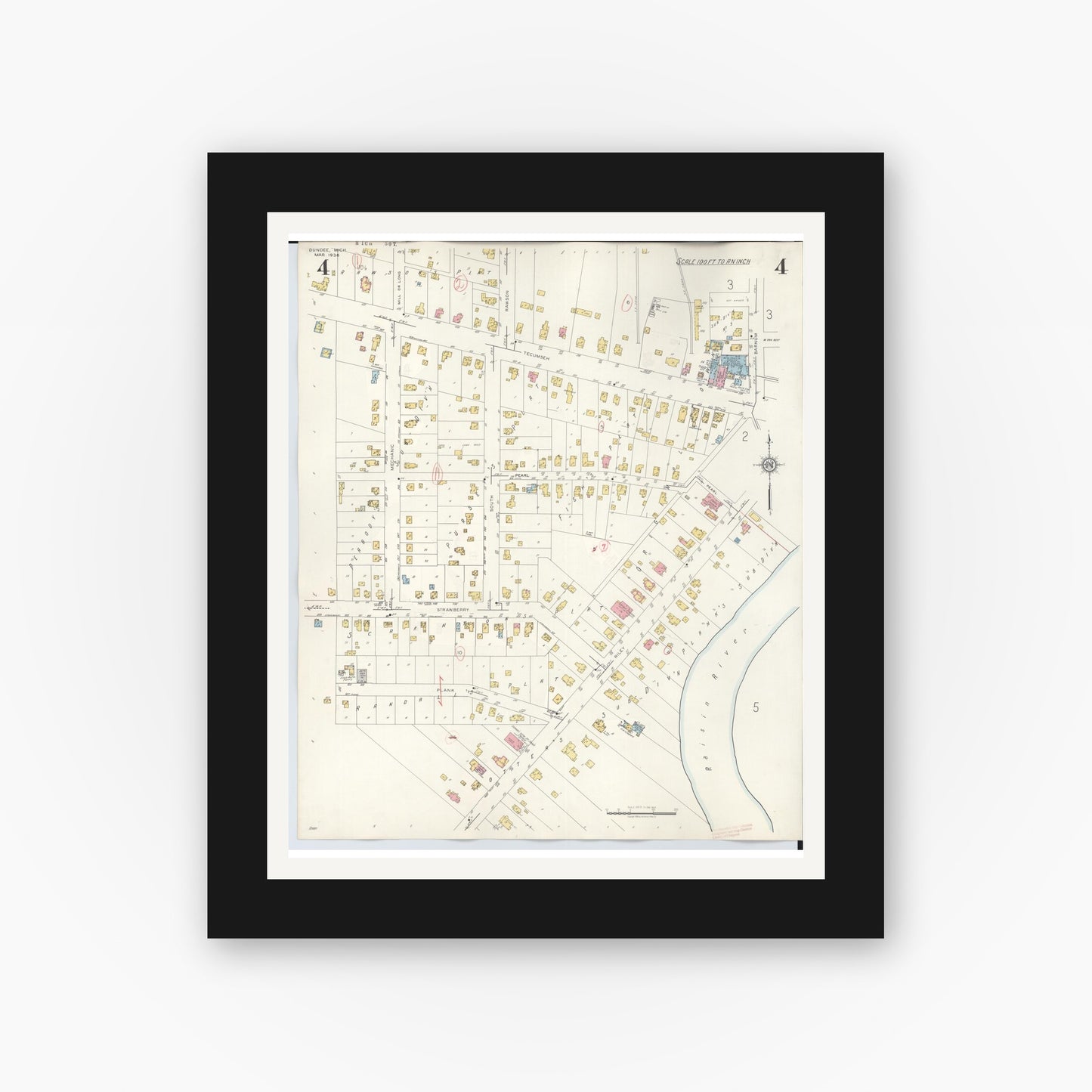 Old map wall art mockup — black gallery frame with white mat — Sanborn Fire Insurance Map from Dundee, Monroe County, Michigan (1949), Sheet #0004