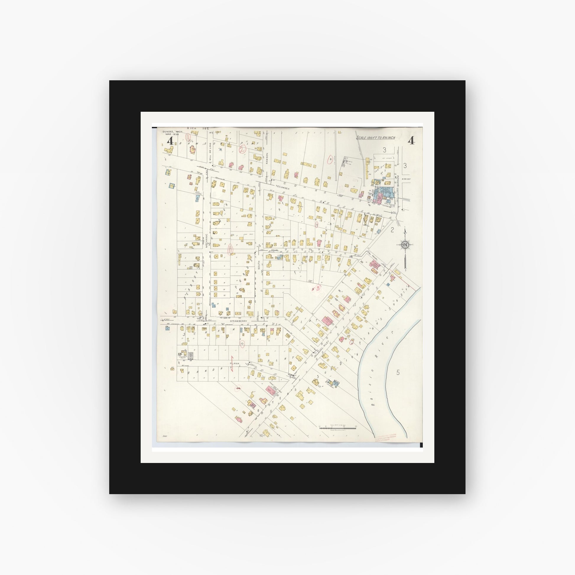 Old map wall art mockup — black gallery frame with white mat — Sanborn Fire Insurance Map from Dundee, Monroe County, Michigan (1949), Sheet #0004