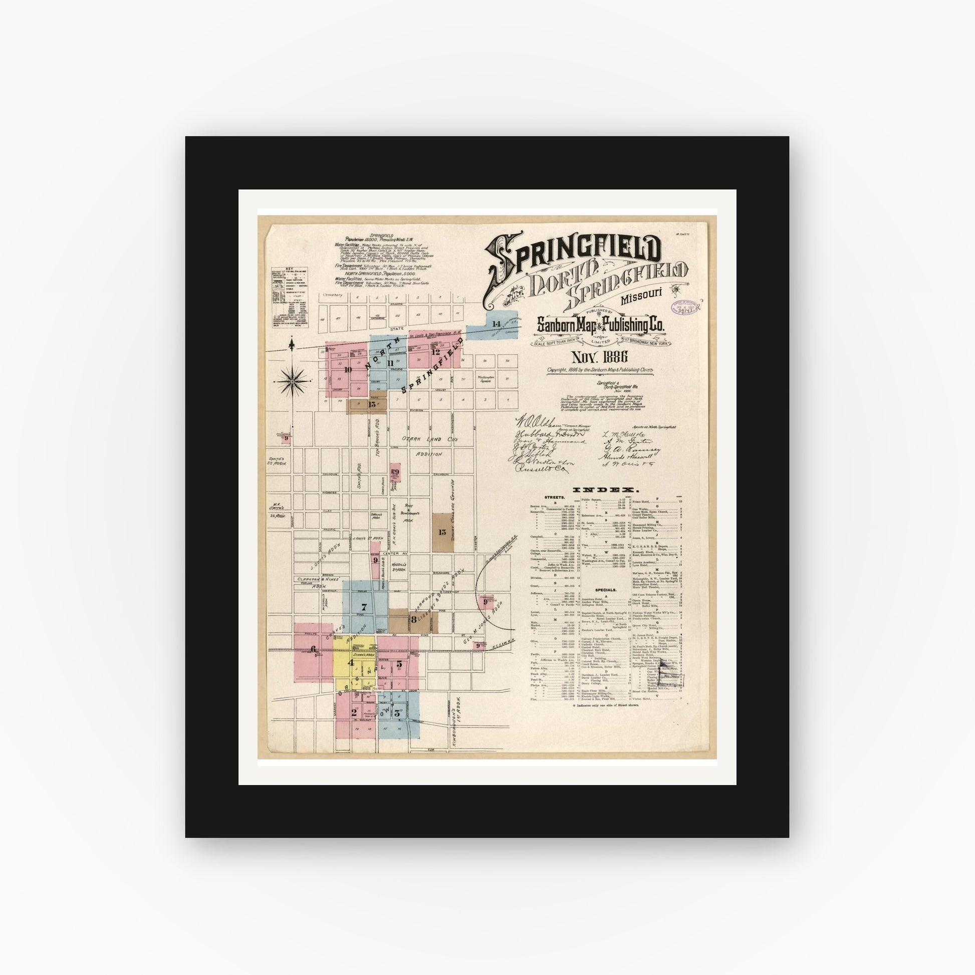 Old map wall art mockup — black gallery frame with white mat — Sanborn Fire Insurance Map from Springfield, Greene County, Missouri (1886), Sheet #0001