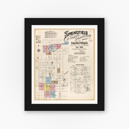 Old map wall art mockup — black gallery frame with white mat — Sanborn Fire Insurance Map from Springfield, Greene County, Missouri (1886), Sheet #0001