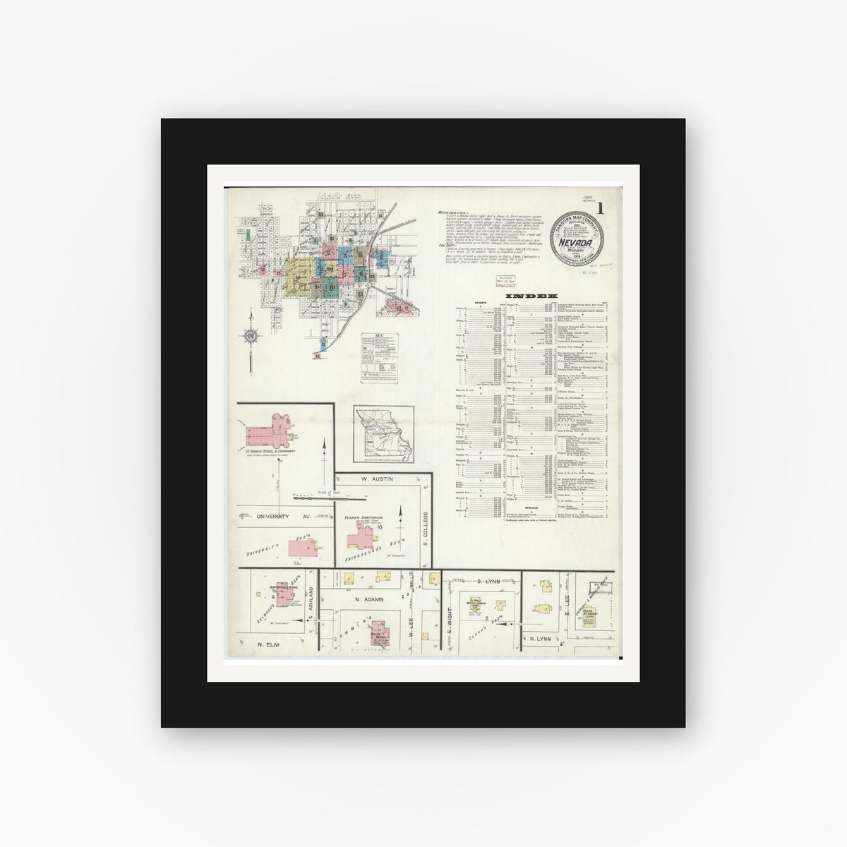 Old map wall art mockup — black gallery frame with white mat — Sanborn Fire Insurance Map from Nevada, Vernon County, Missouri (1914) - Complete Map Set