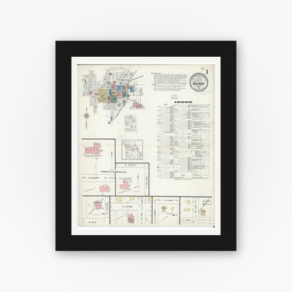 Old map wall art mockup — black gallery frame with white mat — Sanborn Fire Insurance Map from Nevada, Vernon County, Missouri (1914) - Complete Map Set