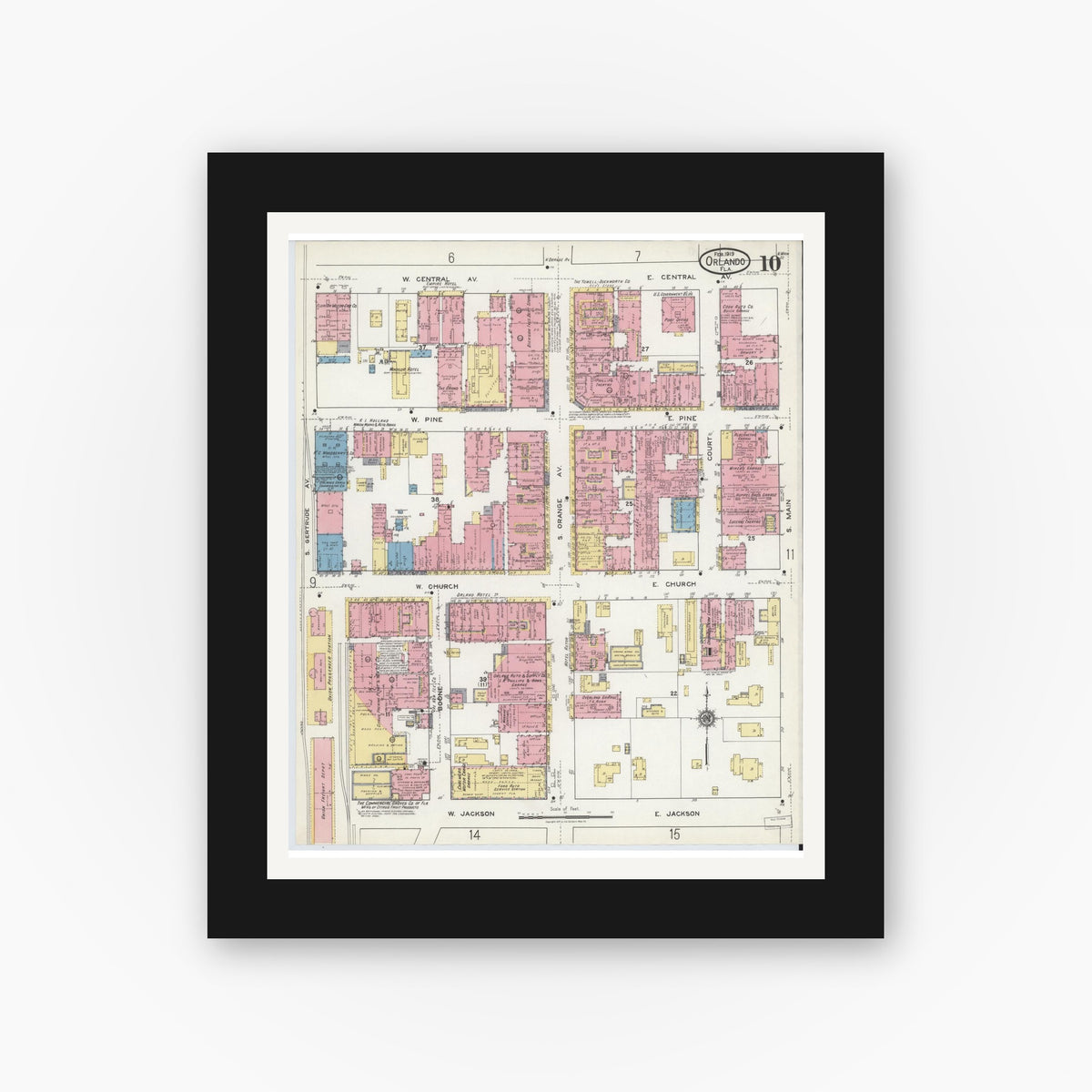 Old map wall art mockup — black gallery frame with white mat — Sanborn Fire Insurance Map from Orlando, Orange County, Florida (1919), Sheet #0010