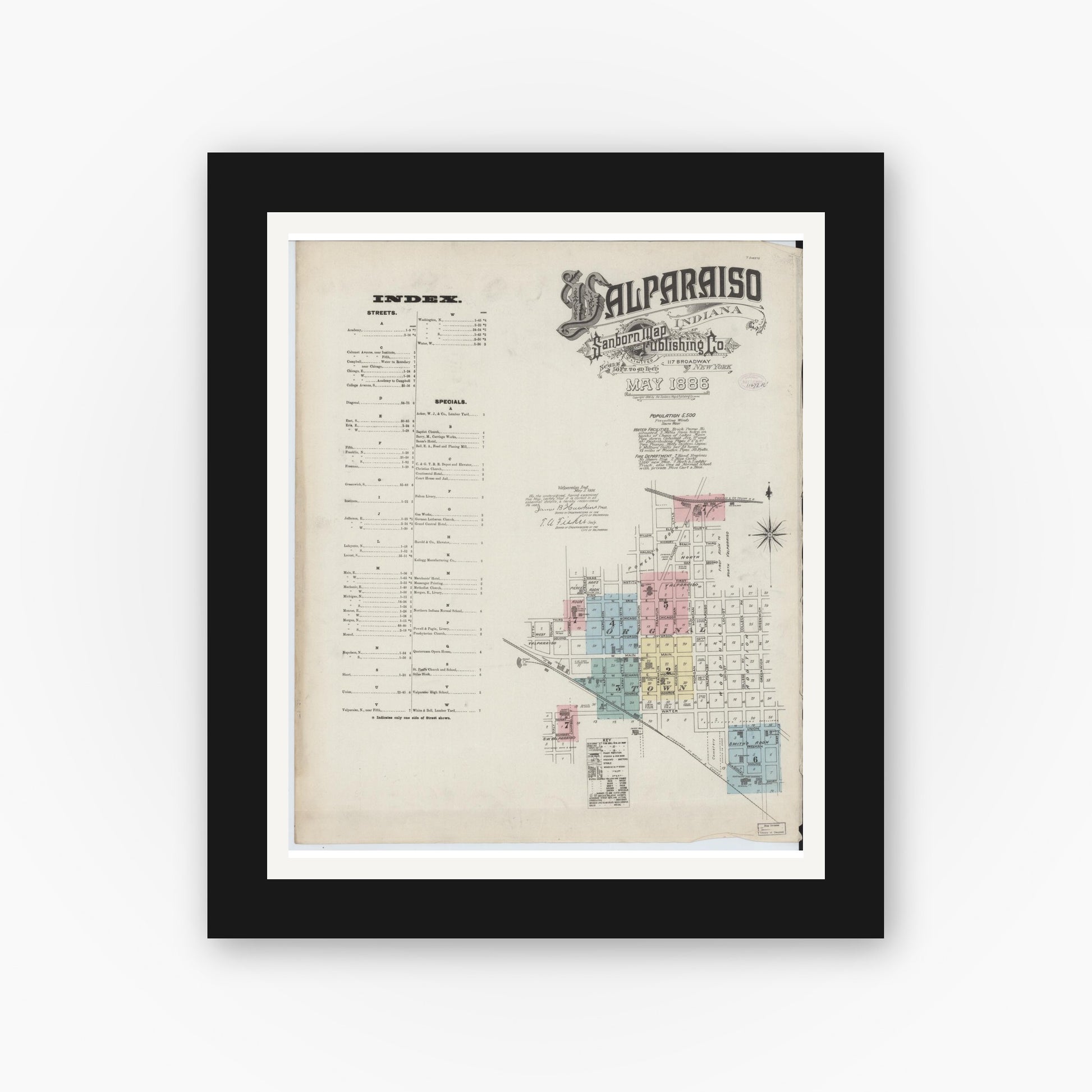 Old map wall art mockup — black gallery frame with white mat — Sanborn Fire Insurance Map from Valparaiso, Porter County, Indiana (1886) - Complete Map Set