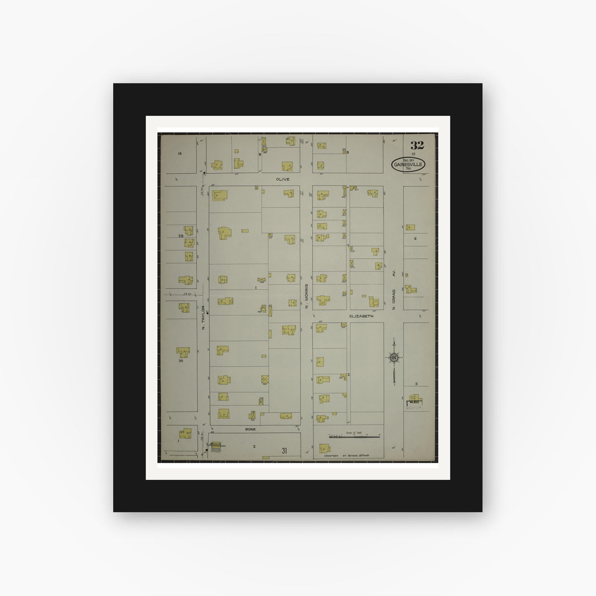 Old map wall art mockup — black gallery frame with white mat — Sanborn Fire Insurance Map from Gainesville, Cooke County, Texas (1913), Sheet #0032