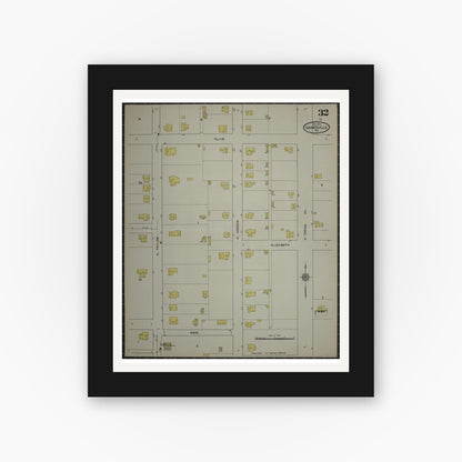 Old map wall art mockup — black gallery frame with white mat — Sanborn Fire Insurance Map from Gainesville, Cooke County, Texas (1913), Sheet #0032