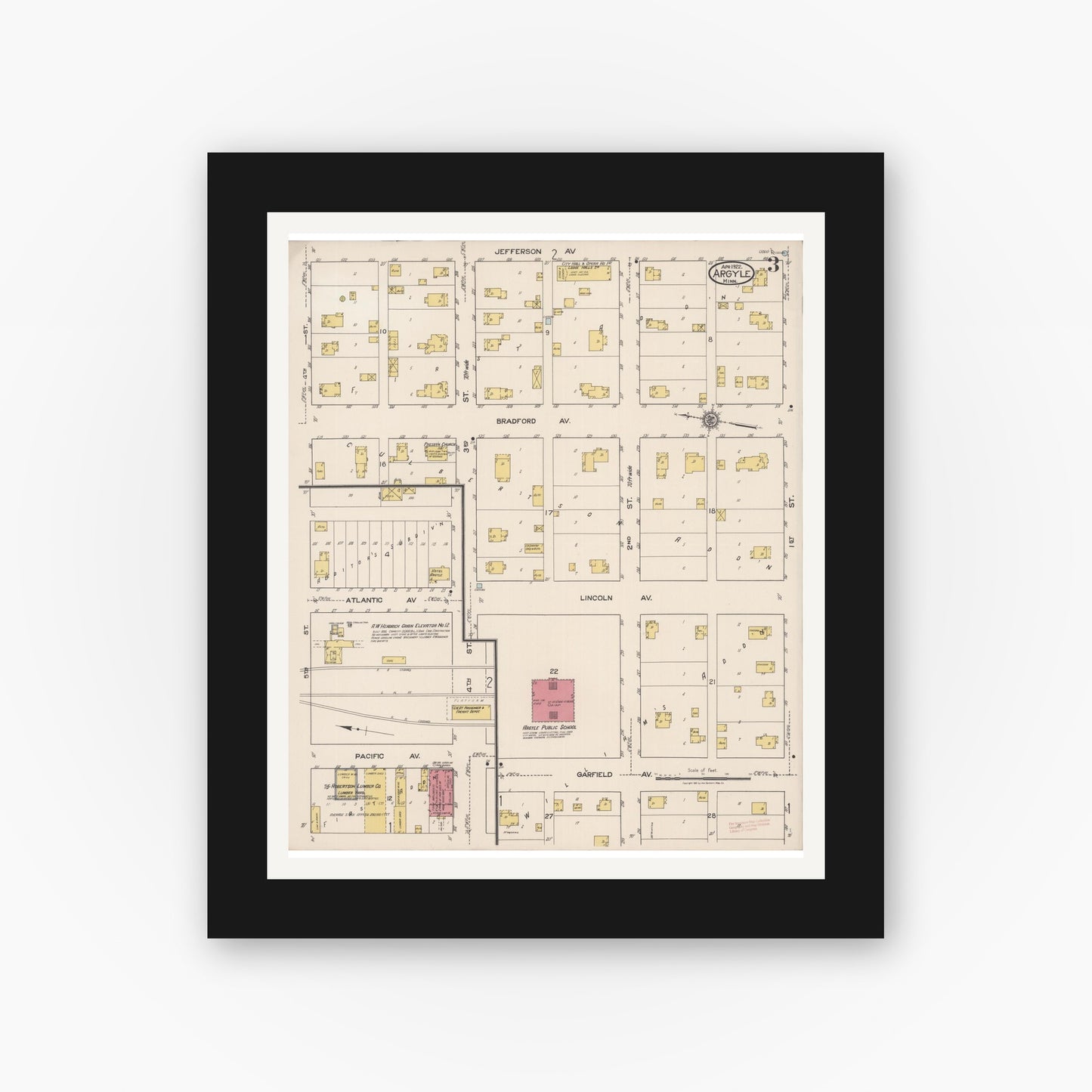 Old map wall art mockup — black gallery frame with white mat — Sanborn Fire Insurance Map from Argyle, Marshall County, Minnesota (1922), Sheet #0003