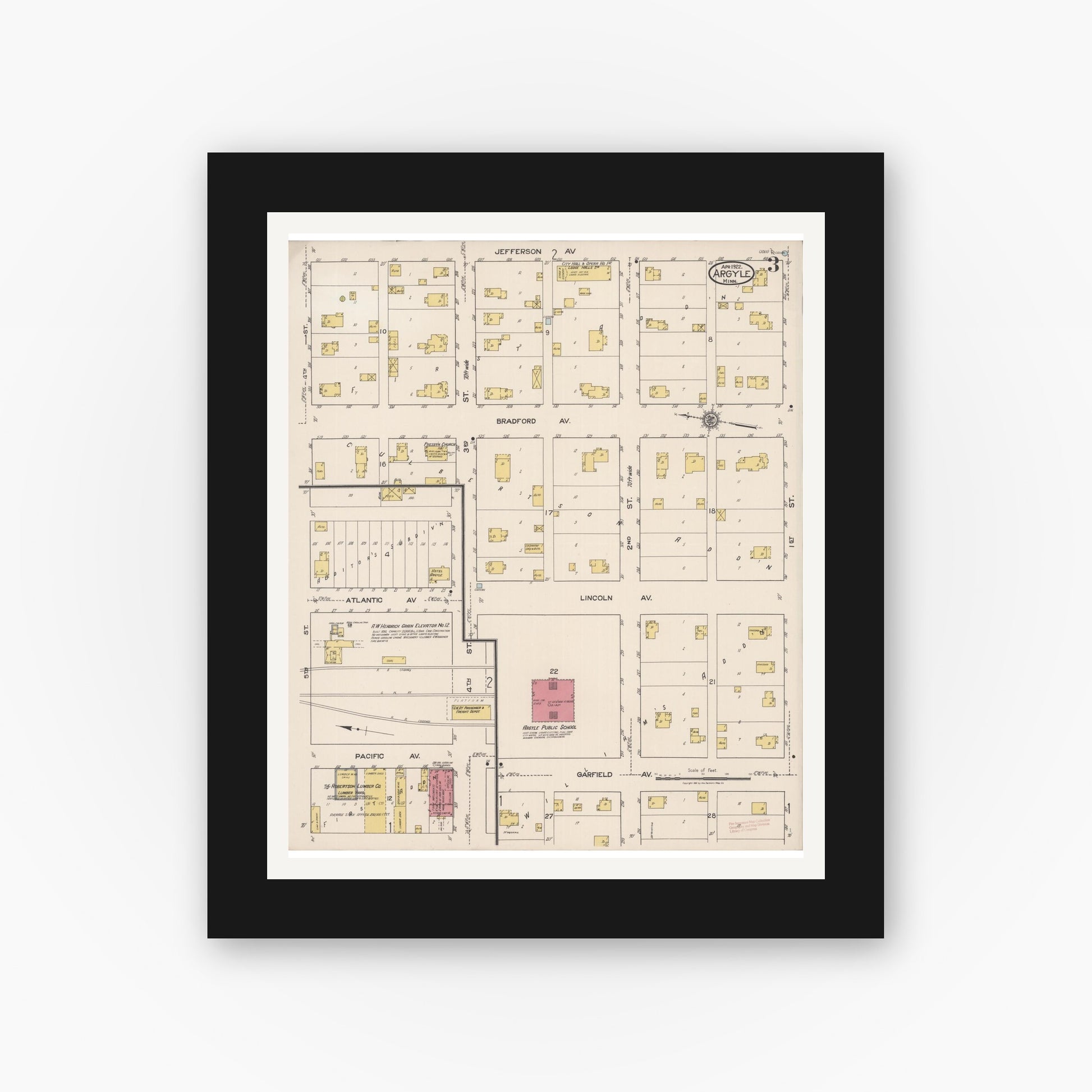 Old map wall art mockup — black gallery frame with white mat — Sanborn Fire Insurance Map from Argyle, Marshall County, Minnesota (1922), Sheet #0003