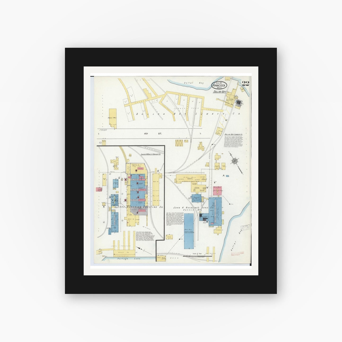 Old map wall art mockup — black gallery frame with white mat — Sanborn Fire Insurance Map from Hancock, Houghton County, Michigan (1917), Sheet #0022