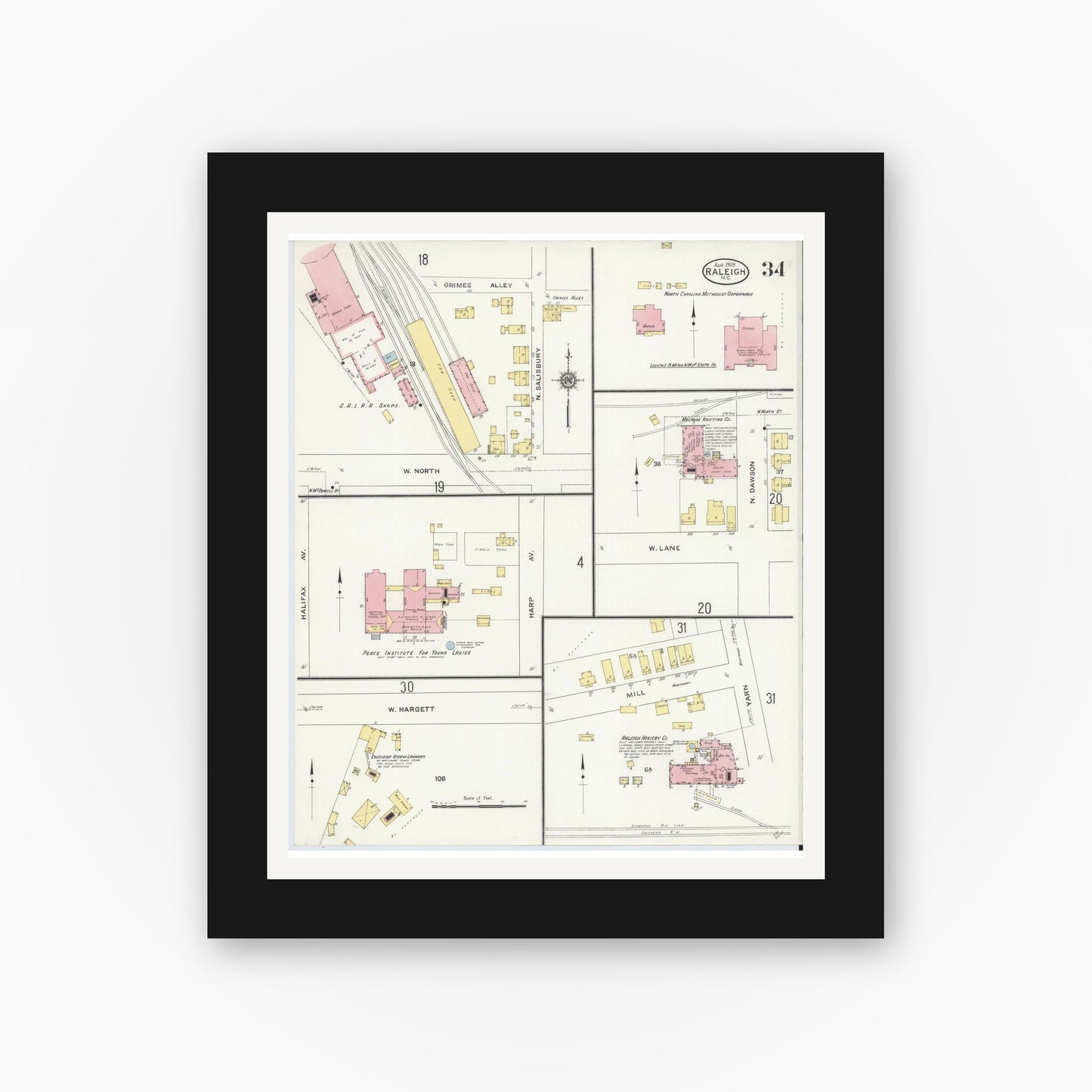 Old map wall art mockup — black gallery frame with white mat — Sanborn Fire Insurance Map from Raleigh, Wake County, North Carolina (1909), Sheet #0034