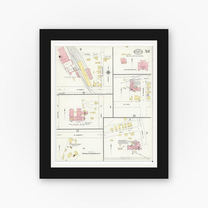 Old map wall art mockup — black gallery frame with white mat — Sanborn Fire Insurance Map from Raleigh, Wake County, North Carolina (1909), Sheet #0034