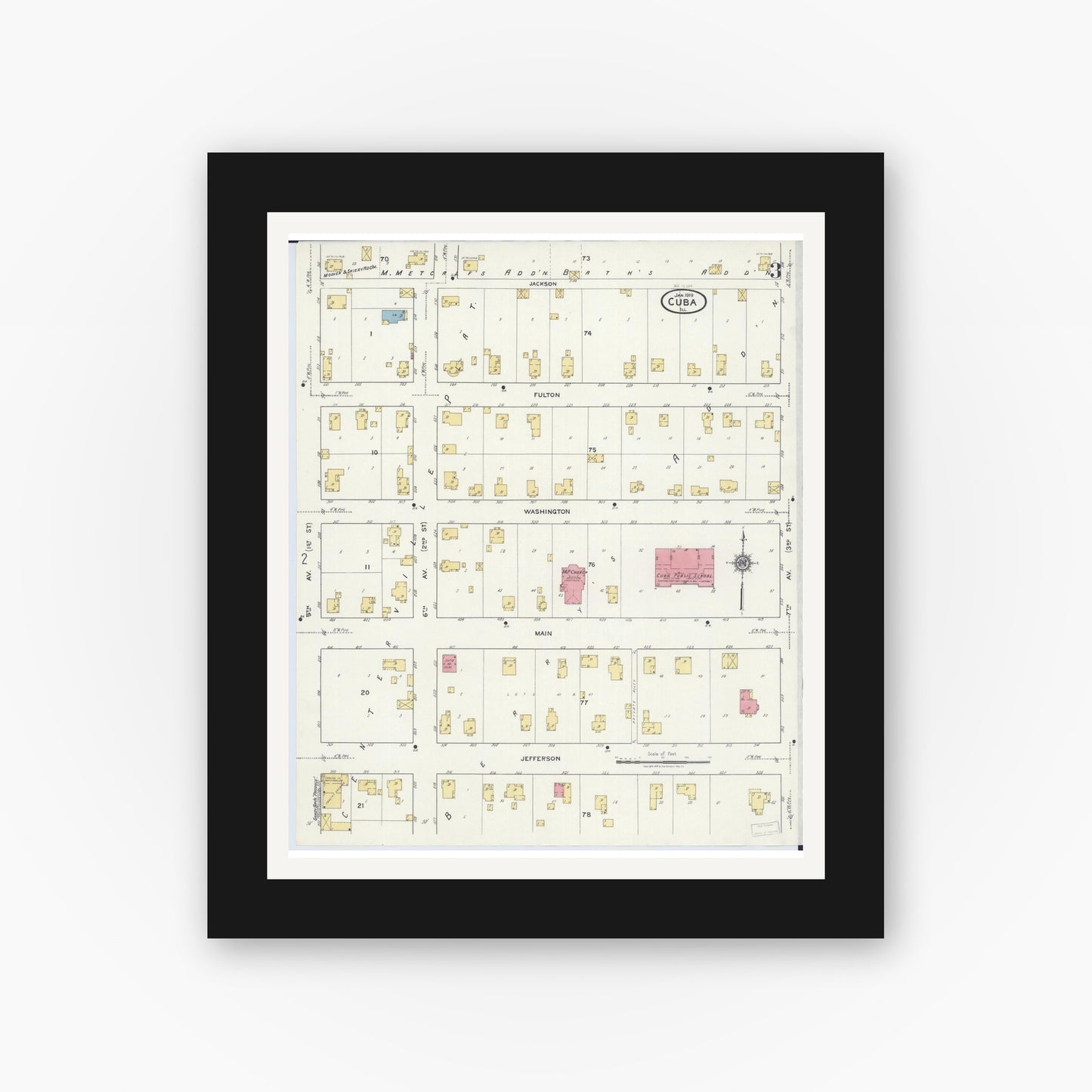 Old map wall art mockup — black gallery frame with white mat — Sanborn Fire Insurance Map from Cuba, Fulton County, Illinois (1919), Sheet #0003