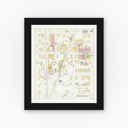 Old map wall art mockup — black gallery frame with white mat — Sanborn Fire Insurance Map from Bluffton, Wells County, Indiana (1906), Sheet #0006