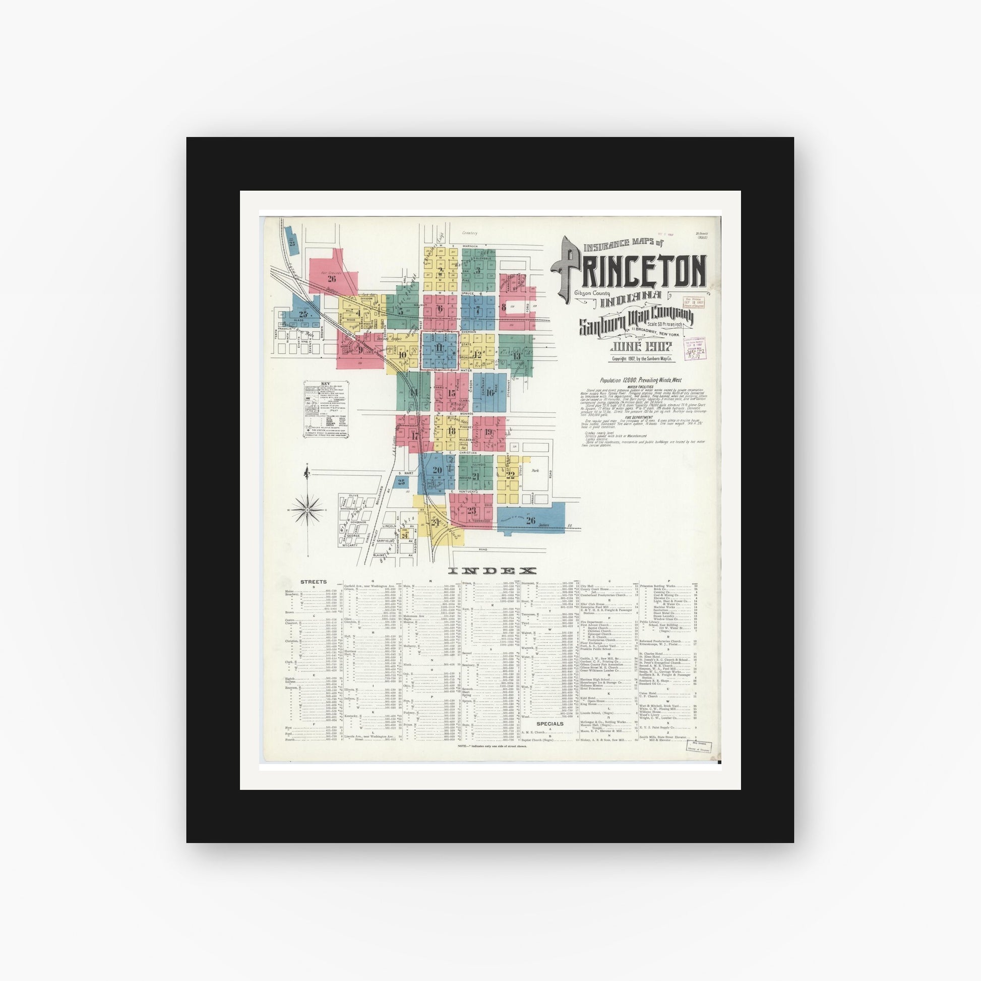 Old map wall art mockup — black gallery frame with white mat — Sanborn Fire Insurance Map from Princeton, Gibson County, Indiana (1907) - Complete Map Set