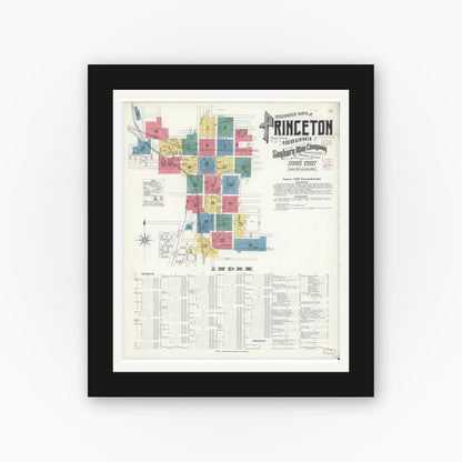 Old map wall art mockup — black gallery frame with white mat — Sanborn Fire Insurance Map from Princeton, Gibson County, Indiana (1907) - Complete Map Set