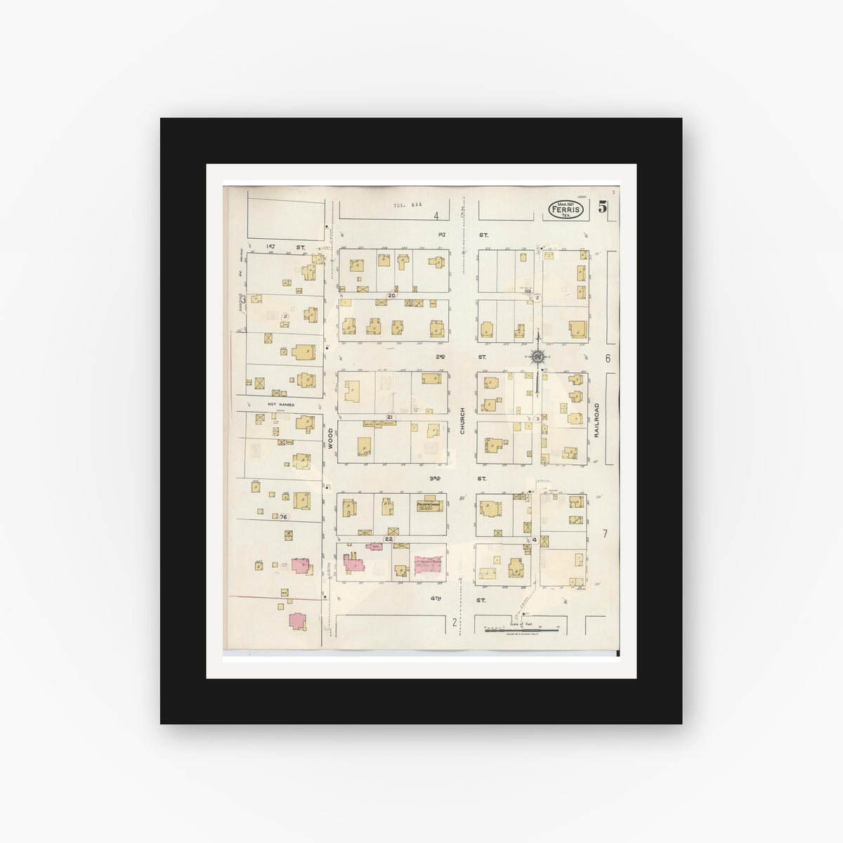 Old map wall art mockup — black gallery frame with white mat — Sanborn Fire Insurance Map from Ferris, Ellis County, Texas (1941), Sheet #0005