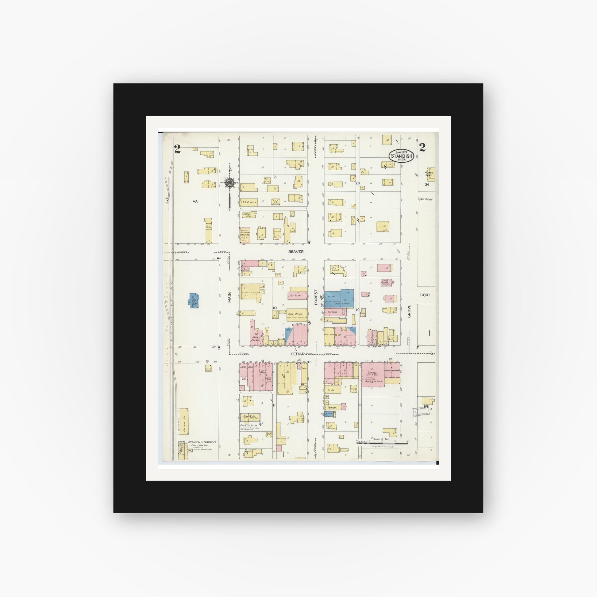 Old map wall art mockup — black gallery frame with white mat — Sanborn Fire Insurance Map from Standish, Arenac County, Michigan (1924), Sheet #0002